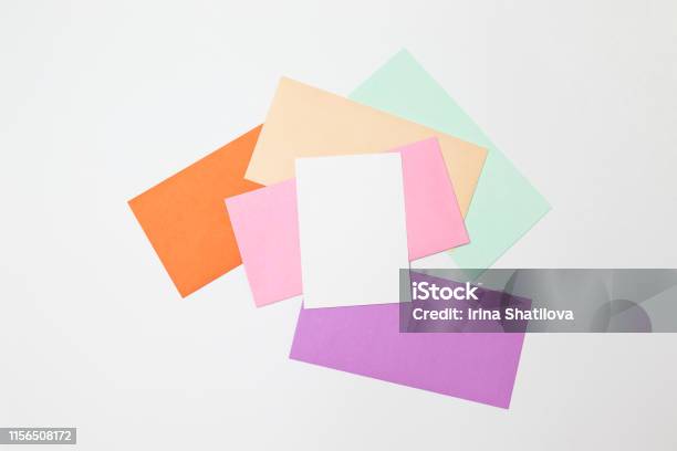 Heap Of Colorful Envelopes On Working Desk Mockup For Business Mail Blogging And Office Correspondence Flat Lay Stock Photo - Download Image Now