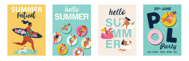벡터에 안녕하세요 여름 포스터입니다. 귀여운 복고풍 포스터 세트입니다. - beach surfing bikini retro revival stock illustrations