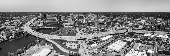 This is a panoramic aerial photo of Grand Rapids's downtown Skyline.