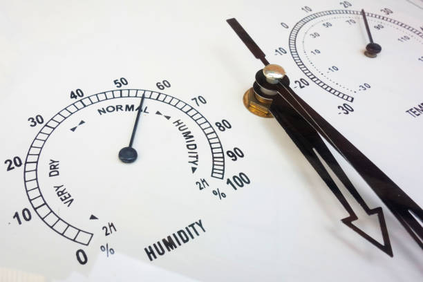 misurazioni dell'umidità e della temperatura. strumenti ad ago da vicino. condizioni meteorologiche e parametri meteorologici. volto di escogitamenti analogici - environmental indicator foto e immagini stock