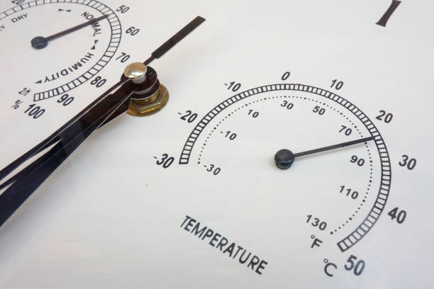 mesures de température. gros plan d'instruments d'aiguille. conditions météorologiques et paramètres météorologiques. visage des conceptions analogiques - anemometer meteorology weather barometer photos et images de collection