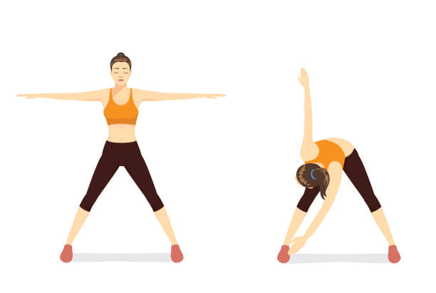 Woman doing exercise with cross body toe touches in 2 Step. Woman doing exercise with cross body toe touches in 2 Step. Illustratopn about back Stretch. stretched leg stock illustrations