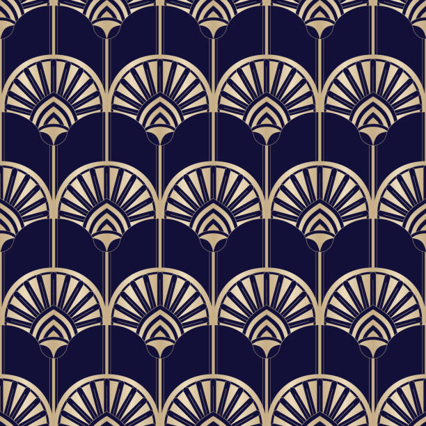 ilustraciones, imágenes clip art, dibujos animados e iconos de stock de golden art deco abstract palms on dark blue vector seamless pattern. impresión geométrica egipcia abstracta - art deco 1930s style pattern design