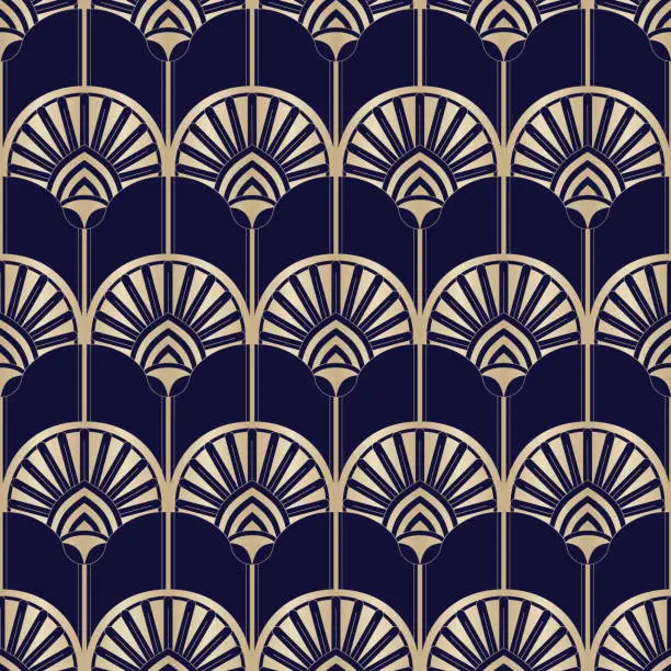 Vector illustration of Golden Art Deco Abstract Palms on Dark Blue Vector Seamless Pattern. Abstract Egyptian Geometric Print