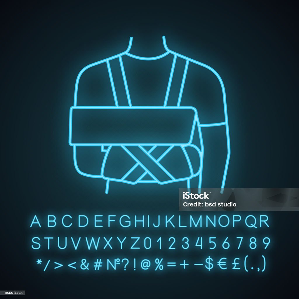 Shoulder immobilizer icon Shoulder immobilizer neon light icon with glowing alphabet, numbers and symbols. Sling and swathe. Broken arm, shoulder injury treatment. Arm fix brace Alphabet stock vector