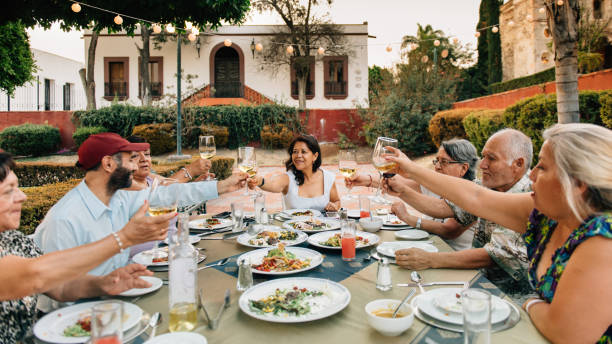 amici anziani a garden party reunion - family dinner eating meal foto e immagini stock