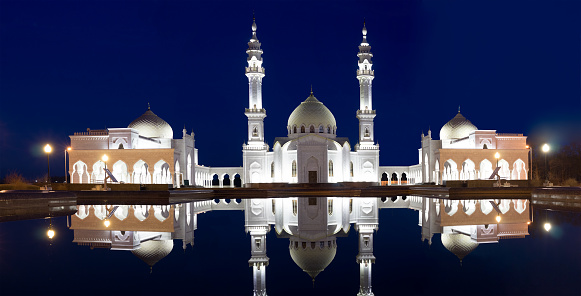 white mosque of bulgarians at night in the light of lanterns. Bolgar, Kazan, Tatarstan,Russia. Bolgar, Kazan, Tatarstan,Russia