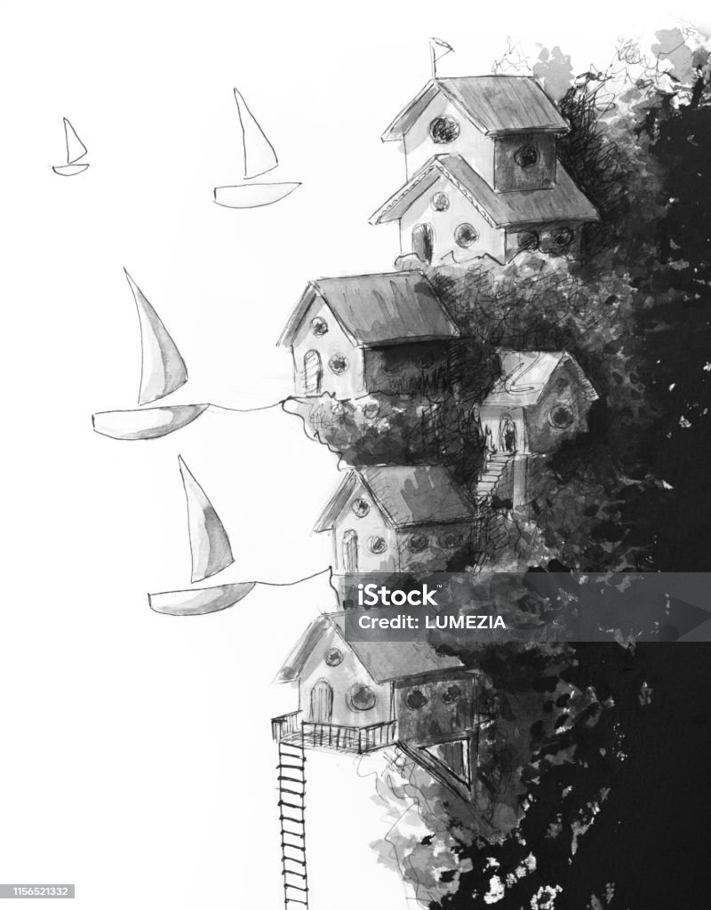 Bức Tranh Vẽ Tay Tuyệt Đẹp Của Thuyền Buồm Neo Đậu Bên Ngoài Ngôi ...