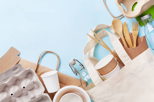 istock Plastic free set with cotton bag, glass jar and recycled tableware. Zero waste, eco friendly concept. 1156522721