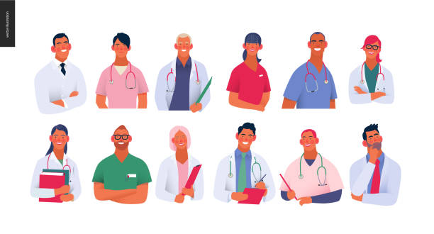 Medical insurance template -best doctors Medical insurance -best doctors -modern flat vector concept digital illustration - medical specialists - doctors and nurses portraits, team of doctos concept, medical office or laboratory paramedic stock illustrations