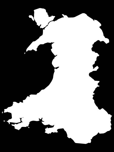 ilustrações de stock, clip art, desenhos animados e ícones de white map of wales on black background - wales cardiff map welsh flag