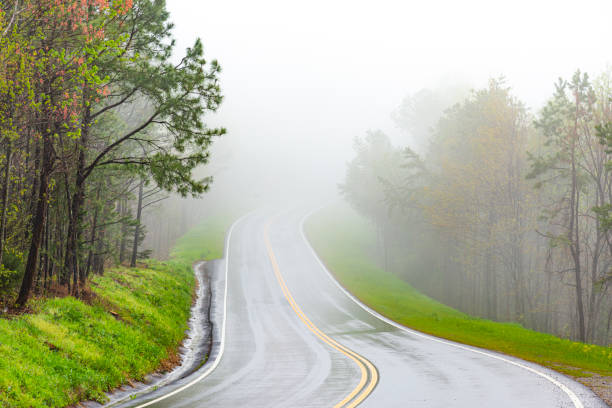 istock Curving Mountain Road In Fog With Copy Space 1156531100