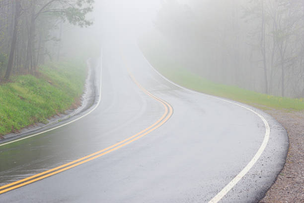 istock Fog Covers Curving Smoky Mountain Road With Copy Space 1156531144