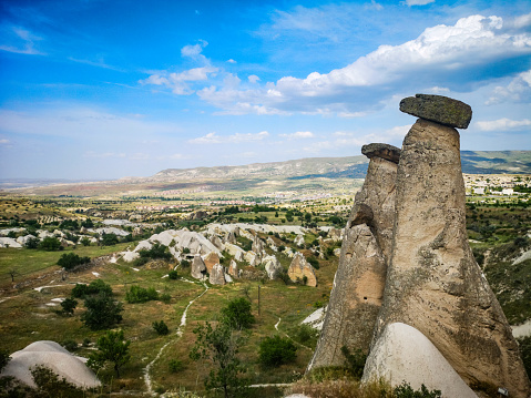Rock hoodo fairy chimneys in twin chimneys observation terrace of Cappadocia