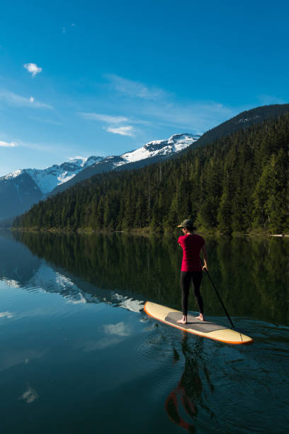 Single woman exploring natures beauty by paddleboard
