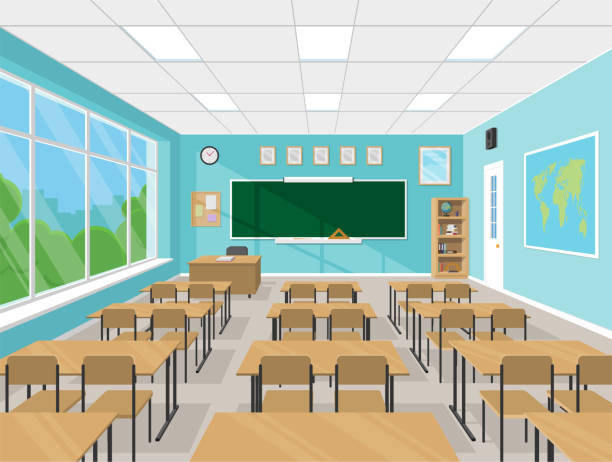 칠판, 교사 의자, 책상과 의자, 학교 용품이있는 빈 학교 교실 인테리어. 플랫 스타일의 교육 개념. 벡터 일러스트레이션 - 0명 stock illustrations