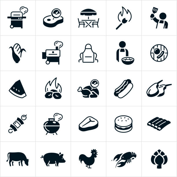 bildbanksillustrationer, clip art samt tecknat material och ikoner med grillning och rökning ikoner - grill food icon