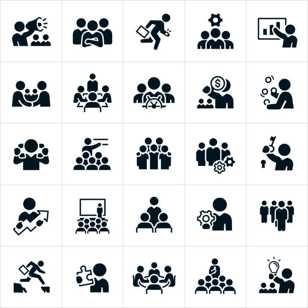 Business Leadership Icons A set of business leadership icons. The icons include different leadership and management concepts and include business people, a manager with a bullhorn, a leader with his arms folded and team in the background, business teams, a manager running with briefcase, a manager giving a presentation, business people shaking hands, a business meeting with a manager at the head of the table, a leader at the helm of a ship, a manager juggling, a manager talking on two telephone handsets at one time, a business team with cogs, a business manager holding a key to a lock, business meetings, seminars, presentations, a manager holding a cog, a leader selected from a group and holding a briefcase, a leader jumping a gap, a manager holding a puzzle piece and a manager holding a lightbulb just to name a few. man presentation stock illustrations