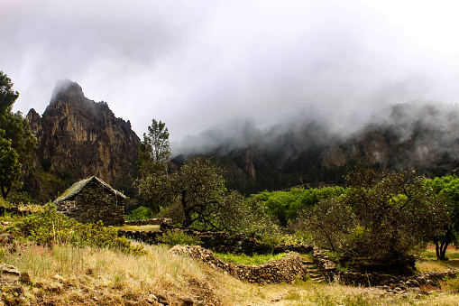 Stone house and nature landscape