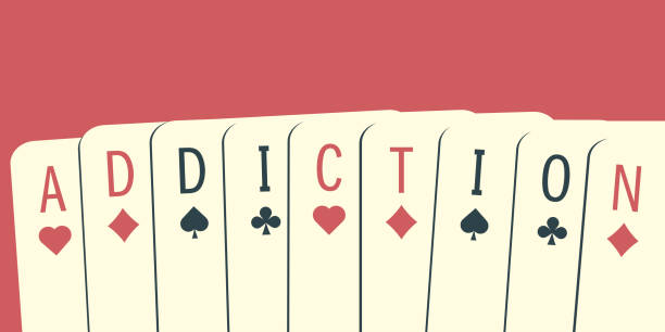 ilustrações, clipart, desenhos animados e ícones de a palavra addiction feita de cartas de baralho. - compulsive gambling