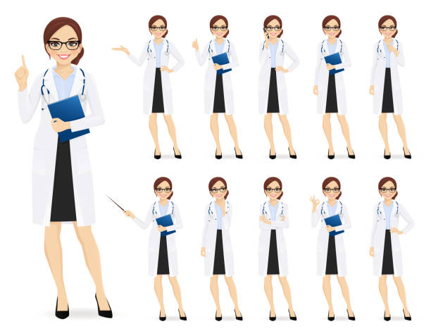 Female doctor set Female doctor set in different poses isolated vector illustartion pharmacist cartoon stock illustrations