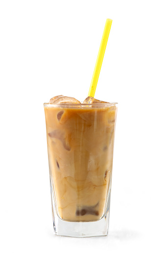 glass of iced coffee with milk isolated on white background