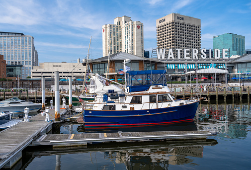 Norfolk, VA, USA -- June 6, 2019. A wide-angle photo of the Norfolk Marina  just before the annual Harborfest celebration.