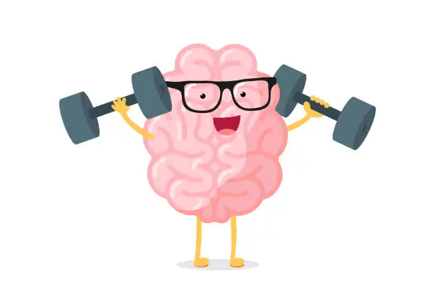 Vector illustration of Cartoon smart strong human brain character with glasses power training concept. Rock erudition intellect with dumbbells. Central nervous system organ education funny flat vector illustration