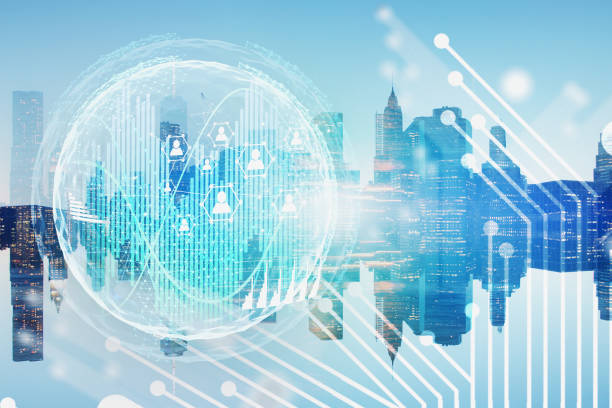 istock Global people network abstract background in city 1156547511