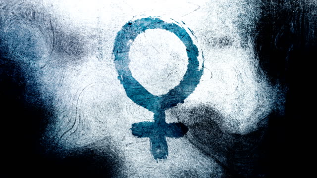 Blue Venus, female, gender symbol on a high contrasted grungy and dirty, animated, distressed and smudged 4k video background with swirls and frame by frame motion feel with street style for the concepts of gender equality, women-social issues