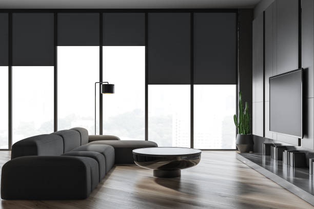 istock Living room interior with gray sofa and TV 1156548923