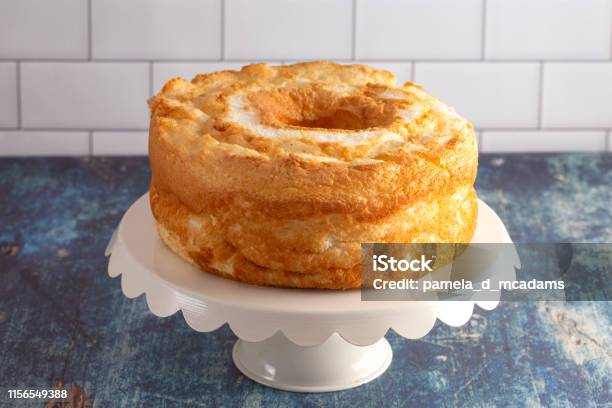 Angel Food Cake On A White Cake Stand Stock Photo - Download Image Now - Cake, Angel, Food