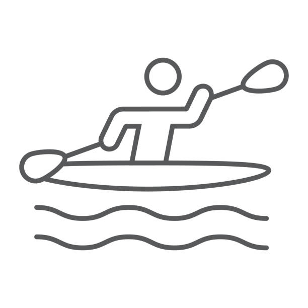 illustrazioni stock, clip art, cartoni animati e icone di tendenza di uomo kayak icona linea sottile, sport e canottaggio, segno di canoa, grafica vettoriale, un motivo lineare su uno sfondo bianco. - silhouette kayaking kayak action