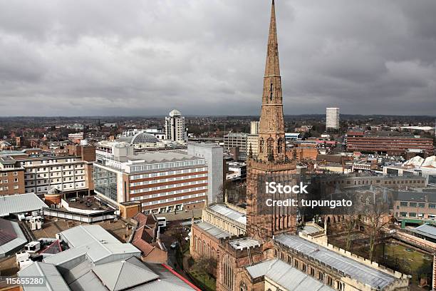 Aerial View Of Coventry Cathedral And The City Under Clouds Stock Photo - Download Image Now