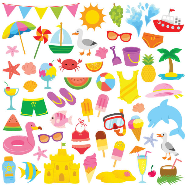 ilustraciones, imágenes clip art, dibujos animados e iconos de stock de imágenes prediseñadas de verano para niños - grupo de objetos