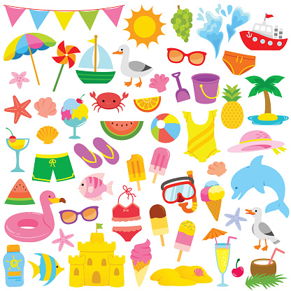 Summer and beach clip art set with cute illustrations for kids