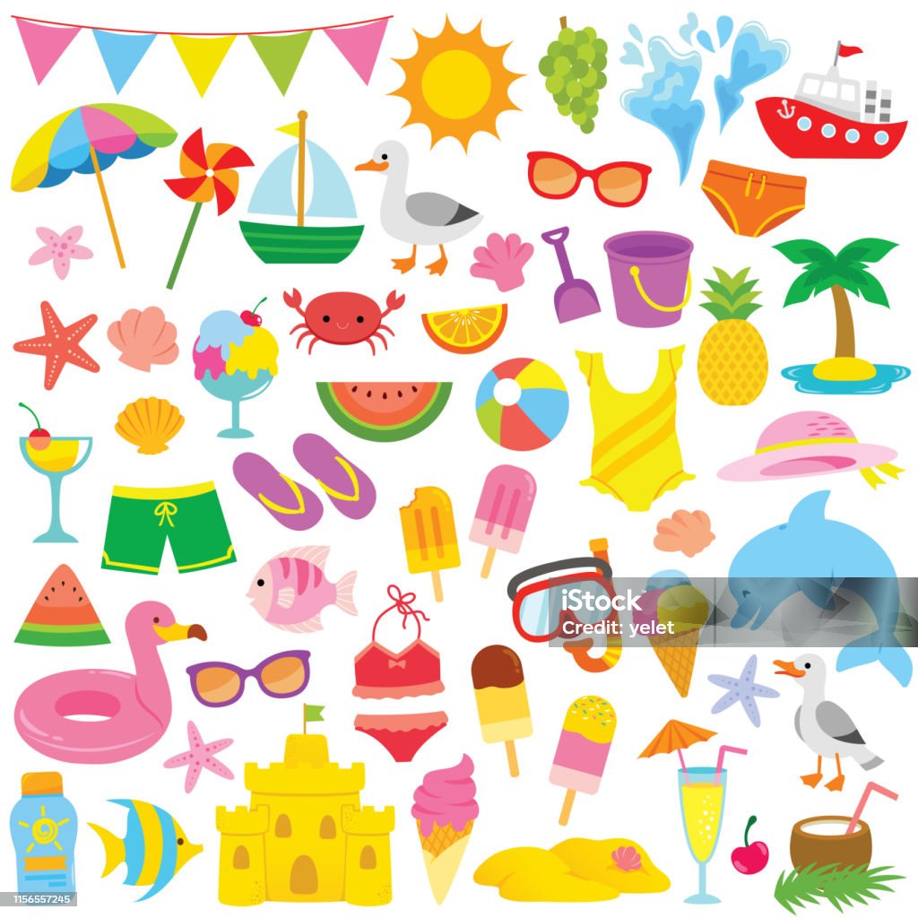 Summer Clipart for kids Summer and beach clip art set with cute illustrations for kids Summer stock vector