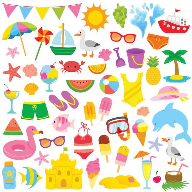 Summer Clipart for kids Summer and beach clip art set with cute illustrations for kids beach stuff stock illustrations