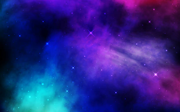 ilustraciones, imágenes clip art, dibujos animados e iconos de stock de fondo del cosmos. espacio colorido con polvo de estrellas y estrellas brillantes. nebulosa brillante y vía lechosa. telón de fondo de la galaxia azul. cielo estrellado nocturno. estandarte del universo. ilustración vectorial - nebula