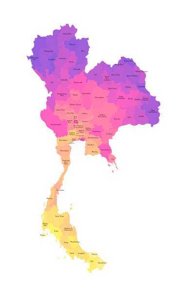 Vector isolated illustration of simplified administrative map of Thailand. Borders and names of the regions. Multi colored silhouettes Vector isolated illustration of simplified administrative map of Thailand. Borders and names of the regions. Multi colored silhouettes. phatthalung province stock illustrations