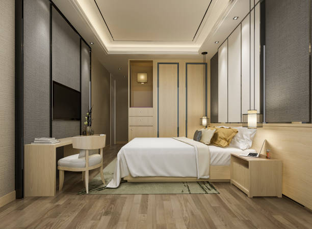 istock 3d rendering beautiful luxury bedroom suite in hotel with tv and working table 1156578573