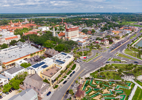 Aerial drone view of historic St. Augustine, Florida.
