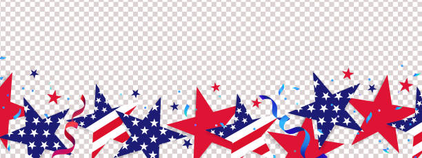 Fourth of July background. 4th of July holiday long horizontal border with confetti stars in national colors isolated on background Fourth of July background. 4th of July holiday long horizontal border. USA Independence Day Decoration elements - confetti stars in national colors isolated on background. red frame stock illustrations