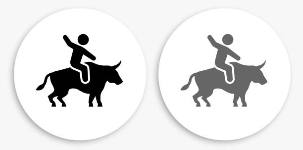 reiten bull schwarz und weiß runde icon - rodeo bull bull riding cowboy stock-grafiken, -clipart, -cartoons und -symbole