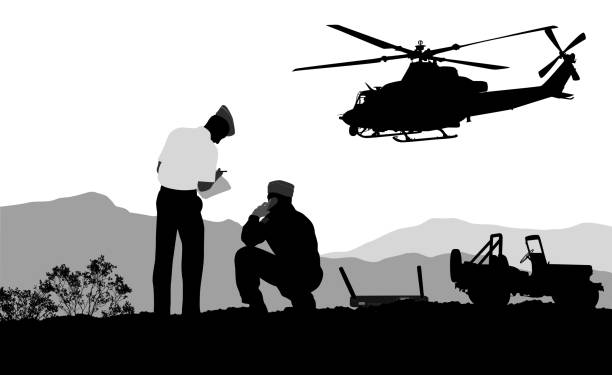 Helicopter San Diego Military men talking and making radio work radio silhouettes stock illustrations