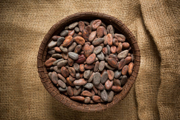Top view of a basket with cacao nibs (cocoa beans) \