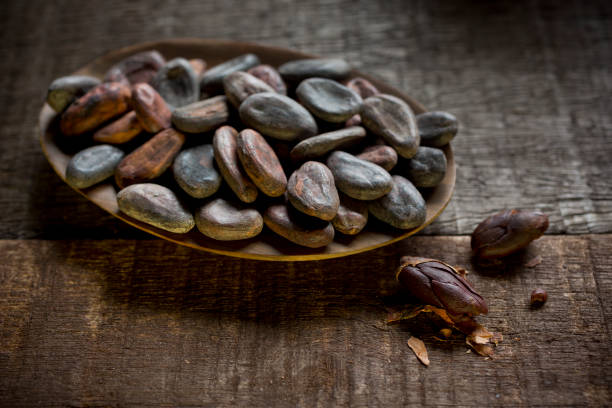 Roasted cacao beans on rustic wooden table