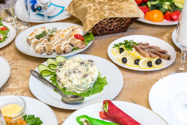 istock Dishes on a served banquet table  in a restaurant 1156616953