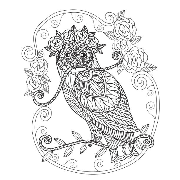 Hand drawn illustration of owl and flower in tangle style Hand drawn sketch illustration for adult coloring book vector was made in eps 10. background of a owl black and white stock illustrations