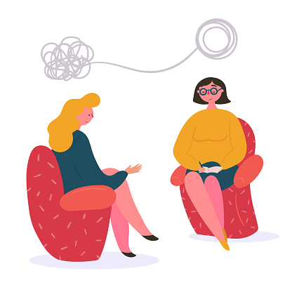 Woman on the couch at the therapist psychologists session. Young lady has conversation therapy with family or relationship mental specialist. Speak and solve out your problems. Flat illustration